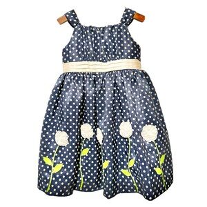 Girls Summer Polka Dot Dress Navy White Ribbon Crinoline Hem Size 3 Garden Party